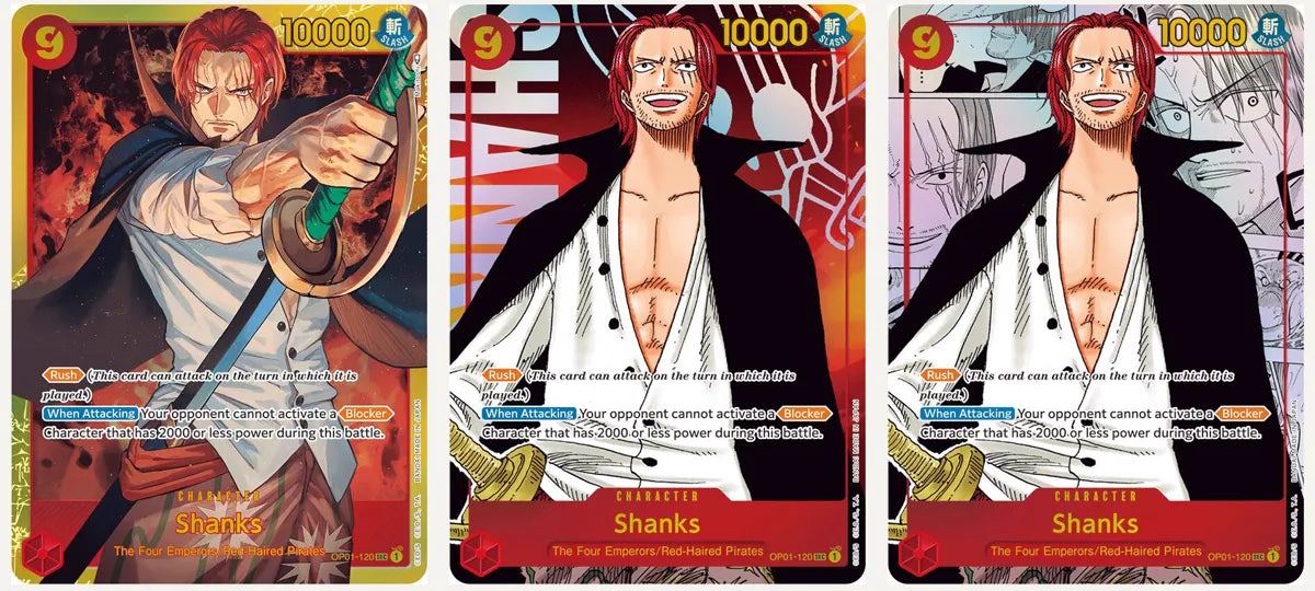 Shanks OP01-120 in base, alt art and Manga Rare versions side by side